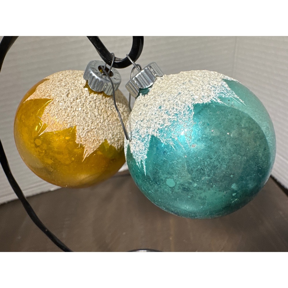 Vintage Shiny Brite Glass Christmas Ornaments Mica Snow Cap Teal Gold Set of 2
